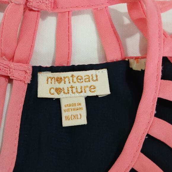 Minteau Couture 16(XL) Halter Dress A Line Navy/Pink/Green Cut-Out Neck Lined - Picture 2 of 11